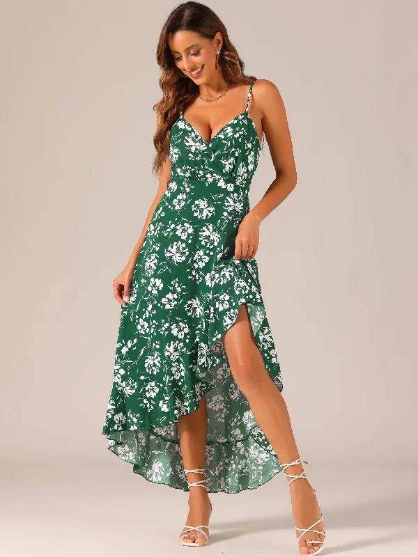 Maxi Dresses for Fall Chill -Spaghetti Strap Belted Ruffle High Low Hem Sleeveless Floral Maxi Dress