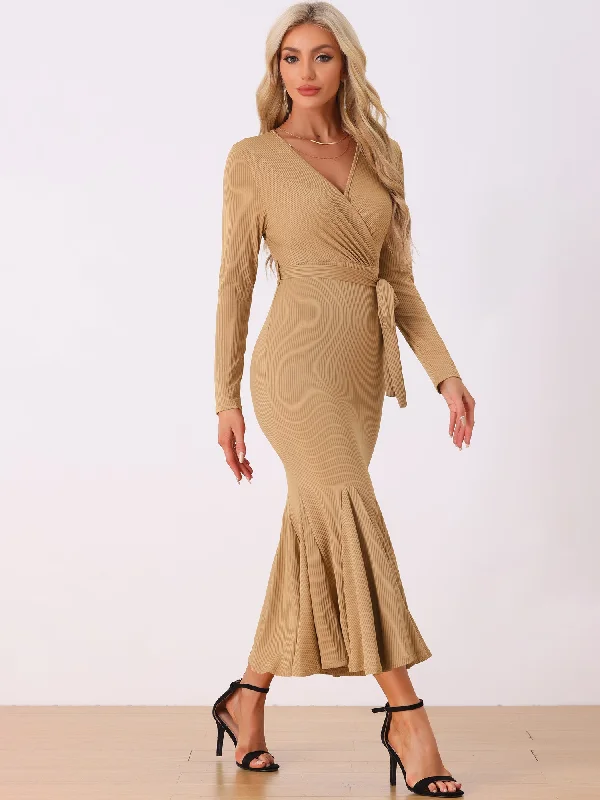 Light-Velvet Maxi Dresses -Solid Belted Long Sleeves Bodycon Fishtail Mermaid Maxi Dress