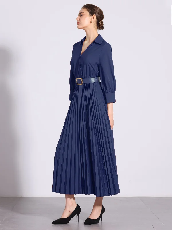 Maxi Dresses for Game Chill -Collar V Neck Belted Dressy Casual Pleated Maxi Dress