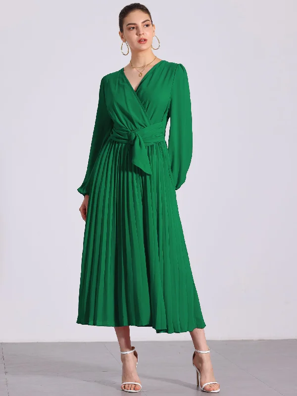 Fine-Silk Maxi Dresses -Pleated V Neck Puff Sleeve Tie Waist A-Line Maxi Dress