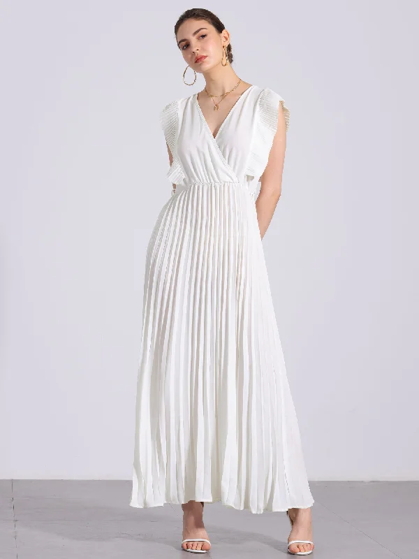 Side-Edge Maxi Dresses -V Neck Short Sleeves Lace-Up Belted Pleated Maxi Dress