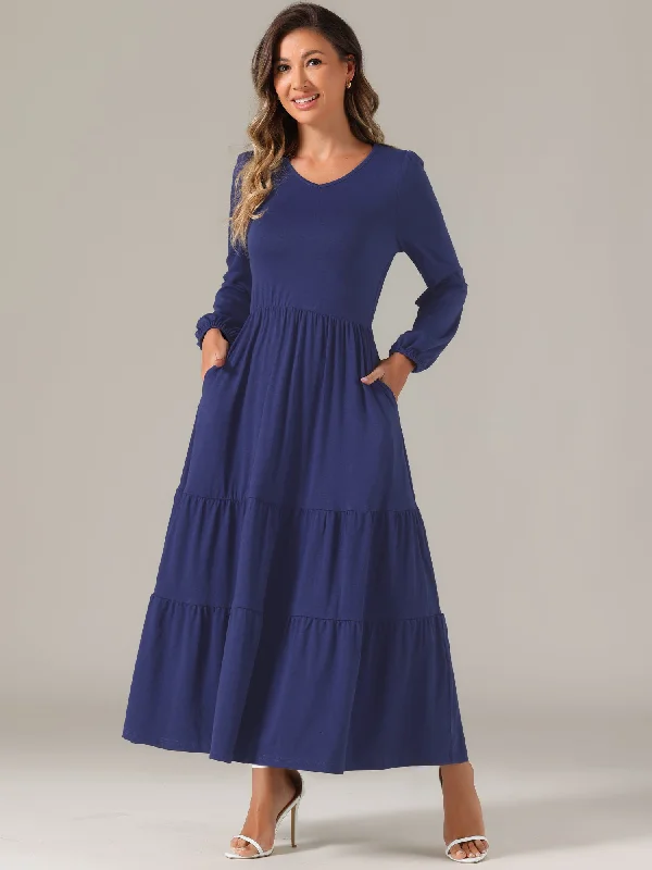 Maxi Dresses for Evening Chill -Crew Neck Long Sleeve Pockets Tiered A-Line Maxi Dress