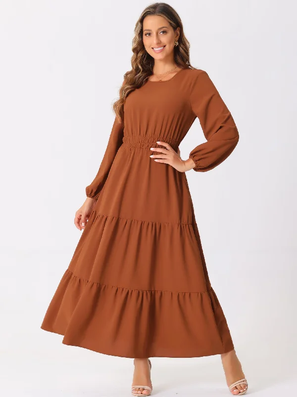 Wrap Maxi Dresses -Long Sleeve Crew Neck Pocketed Tiered Maxi Dress