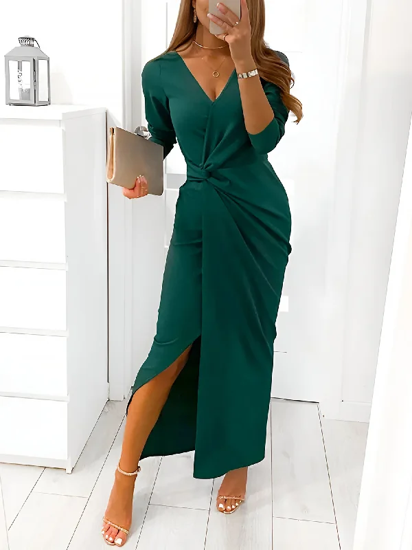 Shift-Edge Maxi Dresses -V Neck Long Sleeves Ruched Slit Bodycon Maxi Dress