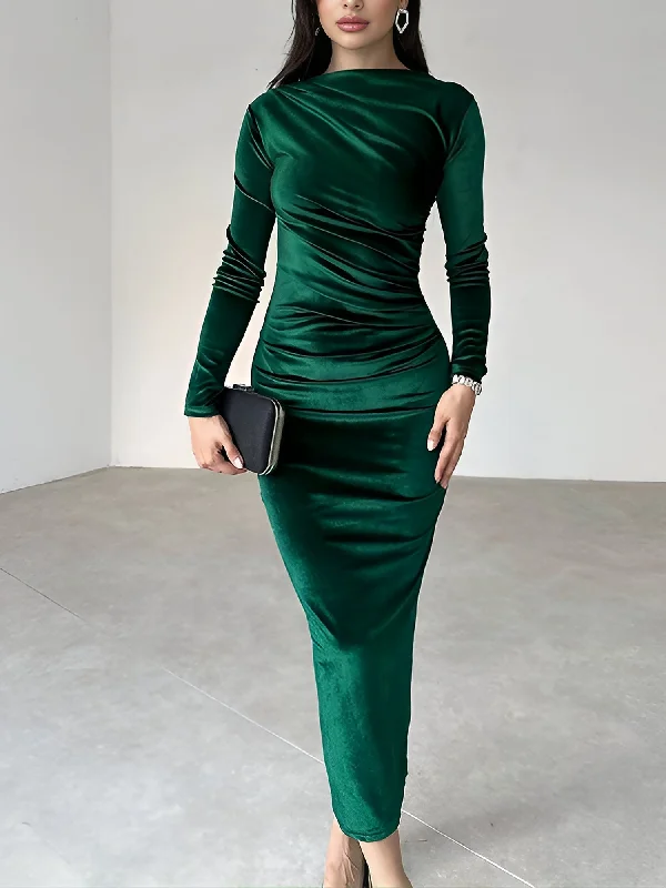 Thin-Wool Maxi Dresses -Velvet Ruched Long Sleeves Bodycon Maxi Dress