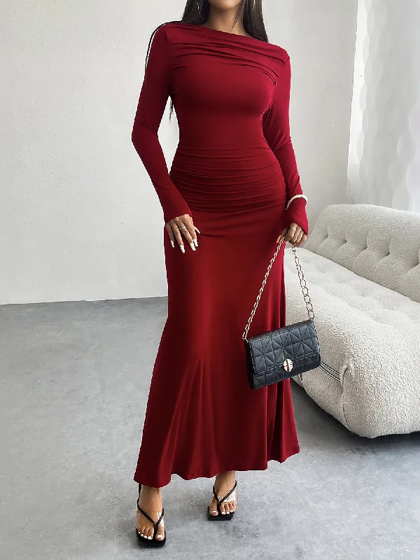 Maxi Dresses for Patio Chill -Solid Color Ruched Bodycon Fishtail Maxi Dress