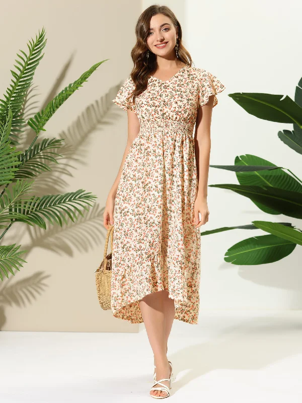 Boho Maxi Dresses for Fall -Smocked Floral High Low Summer Maxi Dress