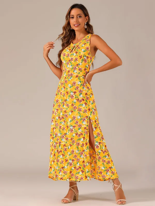 Flowy Maxi Dresses for Summer -Split Hem Keyhole Flowy Summer Maxi Sleeveless Floral Dress Sundress