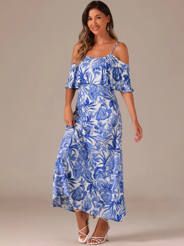 Maxi Dresses for Lake Fun -Flare Sleeve Cold Shoulder Tropical Plant Print Vacation Maxi Dress