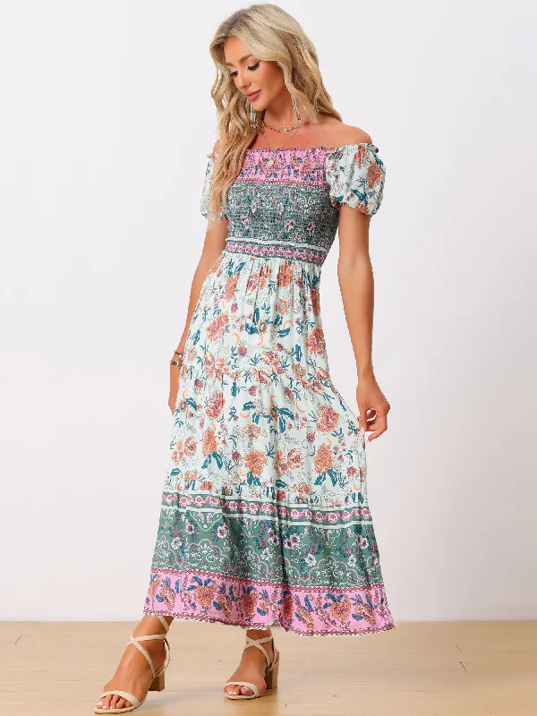 Maxi Dresses for Small Chill -Boho Floral Off Shoulder Puff Sleeves Maxi Smocked Dress