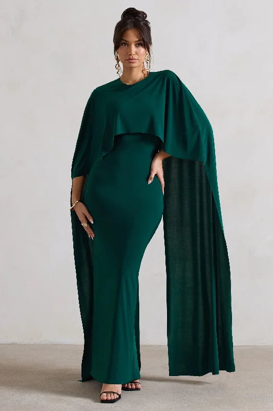 Maxi Dresses for Bachelorette Parties -Padma | Bottle Green Draped Maxi Dress With Cape Sleeves