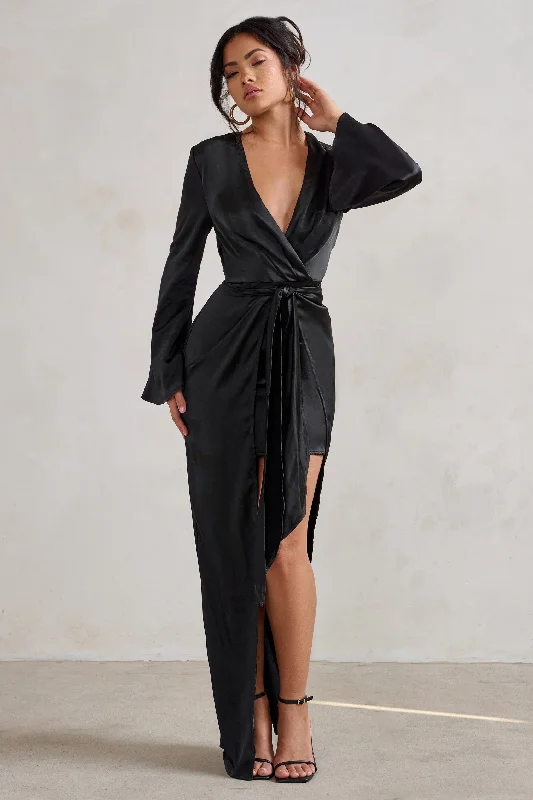 Maxi Dresses for Lunch Chill -Patricia | Black Extreme Plunge Long Sleeve Maxi Dress With Tie Detail