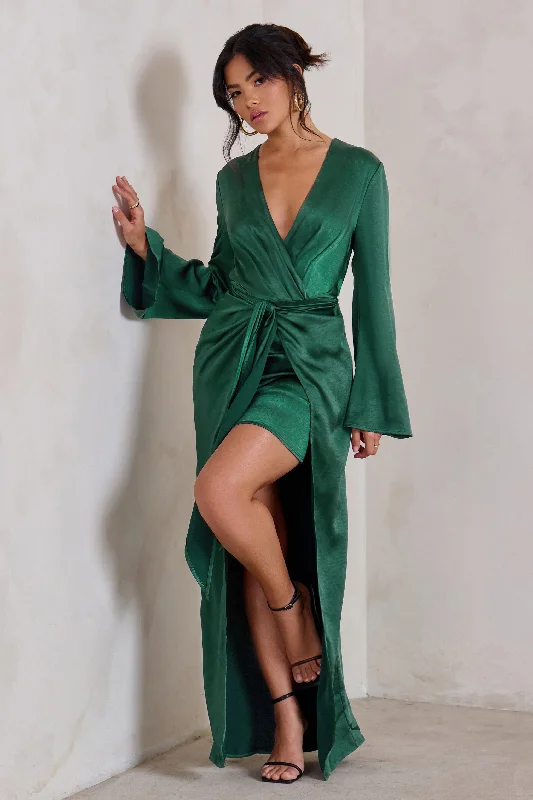 Ruched Maxi Dresses -Patricia | Green Extreme Plunge Long Sleeve Maxi Dress With Tie Detail