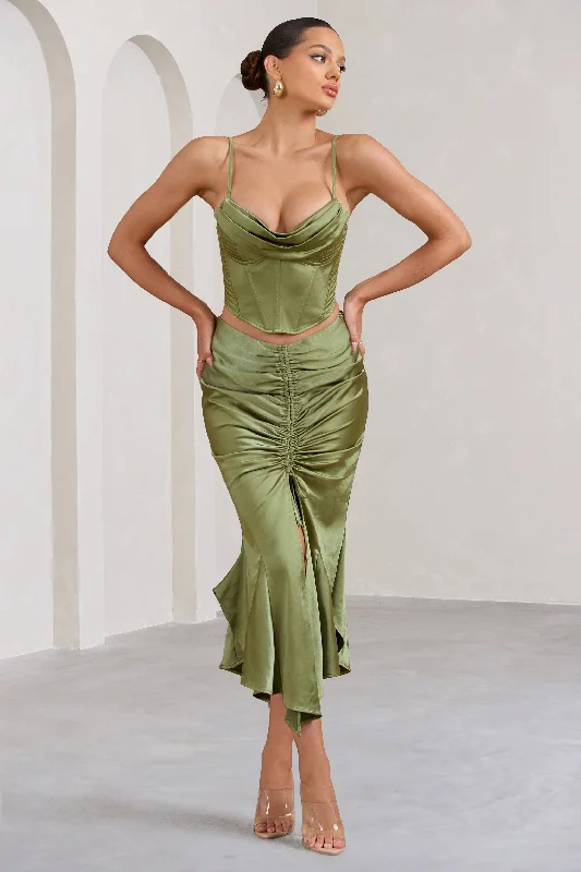 Bubble-Hem Maxi Dresses -Per Favore | Olive Satin Ruched Split Maxi Skirt