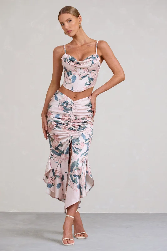 Tied-Back Maxi Dresses -Per Favore | Pink Satin Ruched Split Maxi Skirt