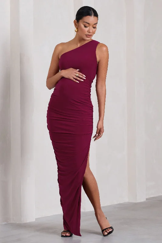 Maxi Dresses for Night Fun -Persia | Berry One-Shoulder Side Split Ruched Maternity Maxi Dress