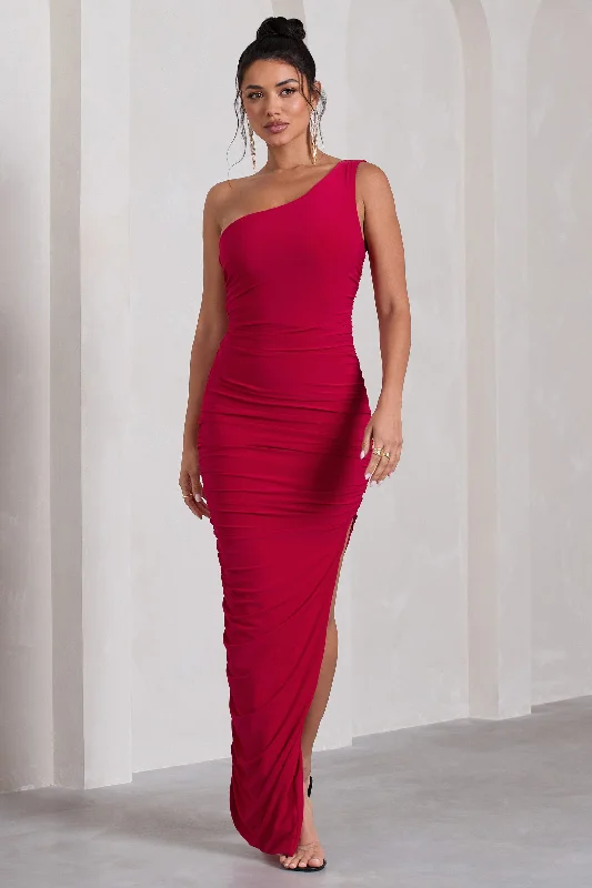 Side-Flare Maxi Dresses -Persia | Red One Shoulder Side Split Ruched Maxi Dress