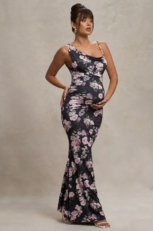 Ruffle-Sleeve Maxi Dresses -Phantasy | Black Floral Maternity Cowl Neck Maxi Dress