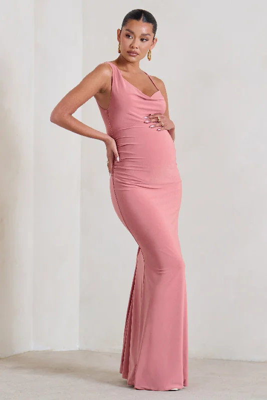 Neutral-Hue Maxi Dresses -Phantasy | Blush Pink Maternity Cowl Neck Maxi Dress