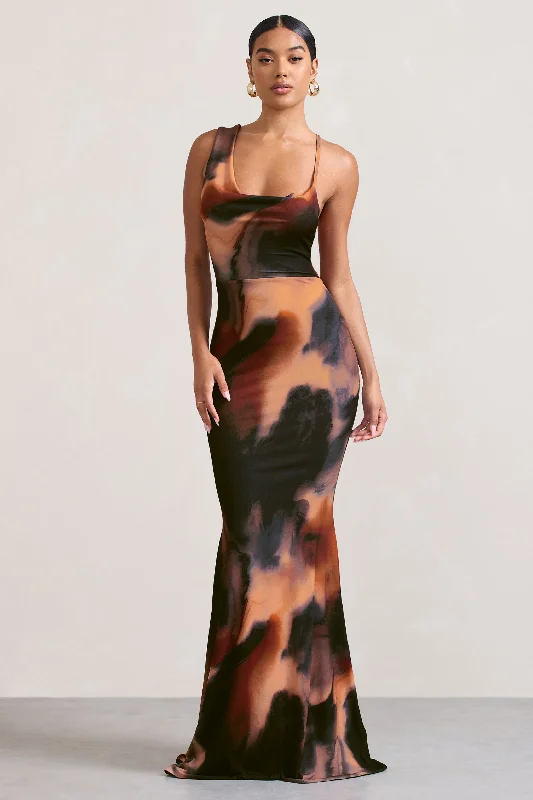 Ruched Maxi Dresses -Phantasy |  Orange Smoke Print Asymmetric Neckline Cowl Maxi Dress