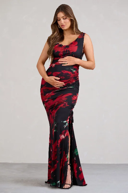 Mock-Neck Maxi Dresses -Phantasy | Red Floral Asymmetric Split Maternity Maxi Dress