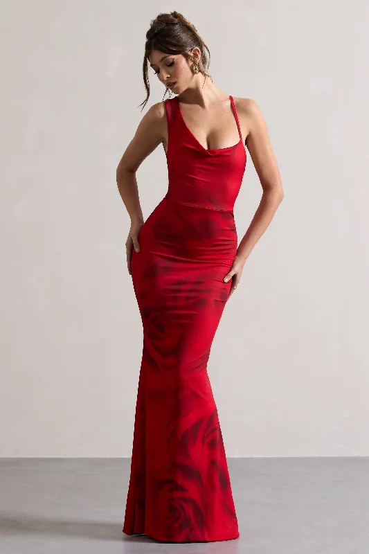 A-Line Maxi Dresses -Phantasy | Red Rose Print Asymmetric Neckline Cowl Maxi Dress