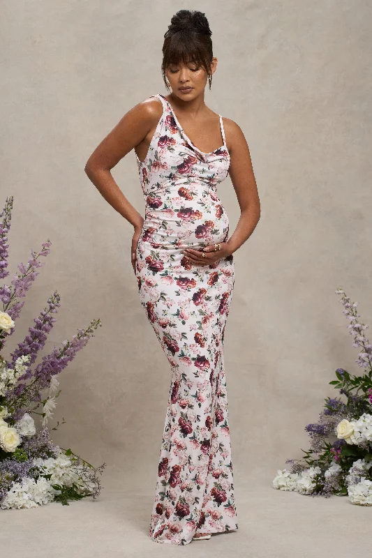 Pleated-Front Maxi Dresses -Phantasy | White Floral Maternity Cowl Neck Maxi Dress