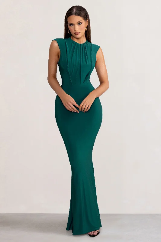 Maxi Dresses for Casual Lunches -Phoenix | Bottle Green Sleeveless Maxi Dress with Hood