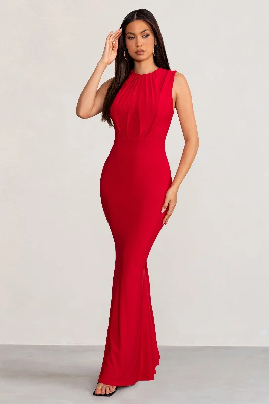 Maxi Dresses for Book Launches -Phoenix | Red Sleeveless Maxi Dress with Hood