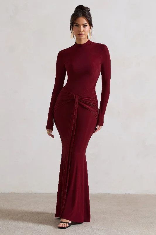 Maxi Dresses for Outdoor Parties -Pietra | Berry High-Neck Long Sleeve Knot Maxi Dress