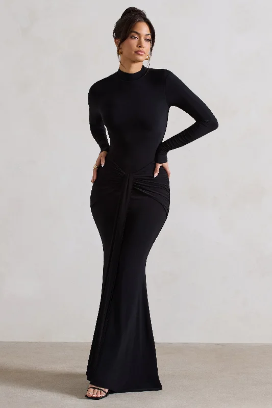 Earth-Tone Maxi Dresses -Pietra | Black High-Neck Long Sleeve Knot Maxi Dress