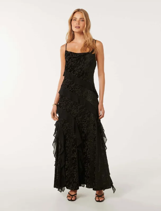 Pleated-Skirt Maxi Dresses -Piper Velvet Ruffle Maxi Dress