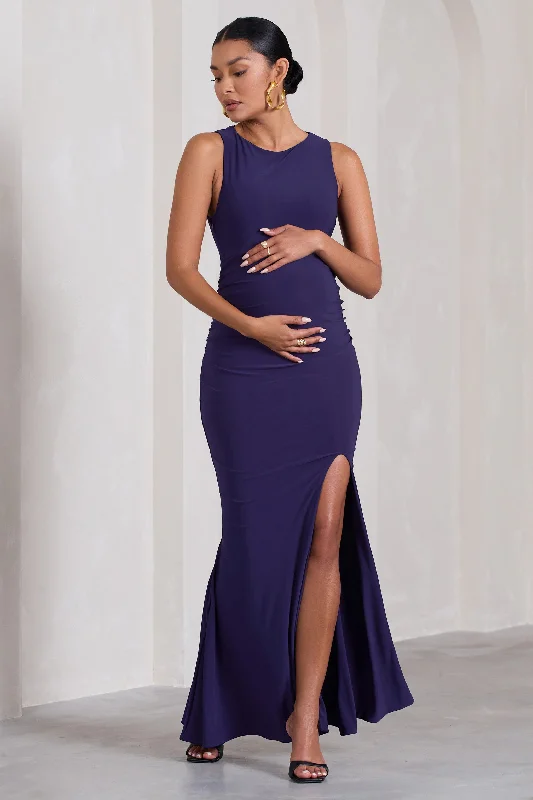 Maxi Dresses for Winter -Pollie | Purple Cowl-Back Split Maternity Maxi Dress