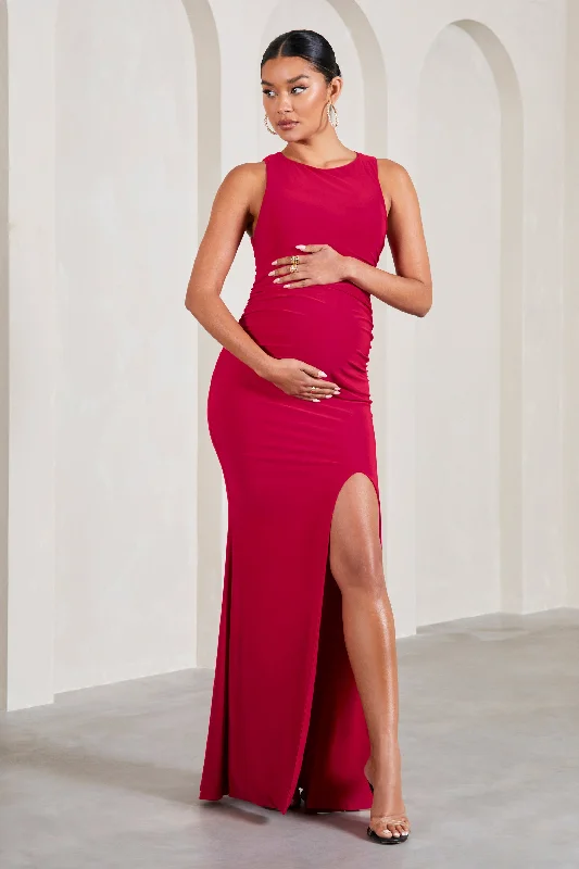 Maxi Dresses for Bridesmaids -Pollie | Red Cowl-Back Split Maternity Maxi Dress