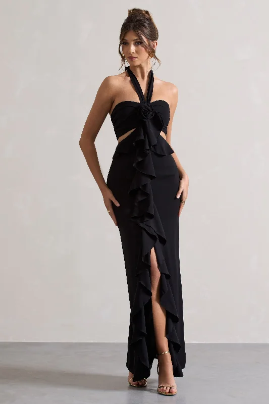 A-Line Maxi Dresses -Powerful | Black Cut-Out Halter-Neck Maxi Dress With Flower & Ruffles