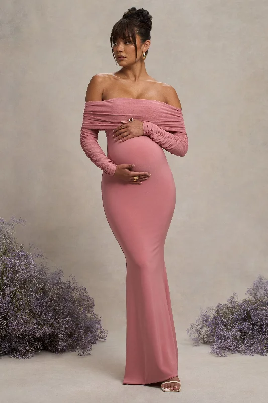 Textured-Cotton Maxi Dresses -Pretty Perfect | Blush Pink Maternity Ruched Mesh Bardot Maxi Dress