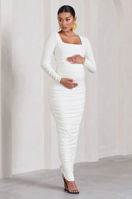 Flared-Edge Maxi Dresses -Prissie | White Ruched Square-Neck Long-Sleeve Maternity Maxi Dress