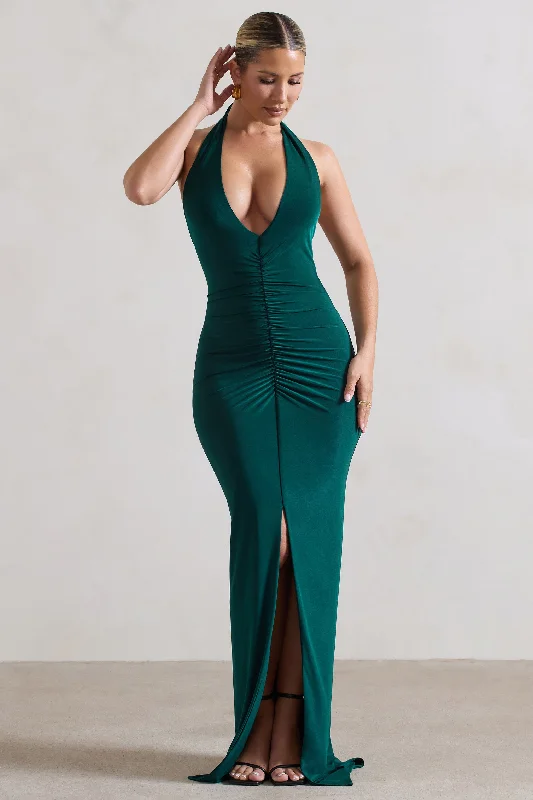 Lace-Sleeve Maxi Dresses -Rachel | Bottle Green Ruched Halter-Neck Split Maxi Dress