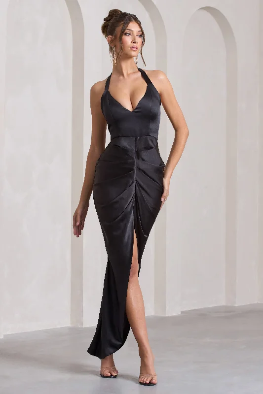 Textured Maxi Dresses -Rebecca | Black Satin Plunge Halter-Neck Open-Back Split Maxi Dress