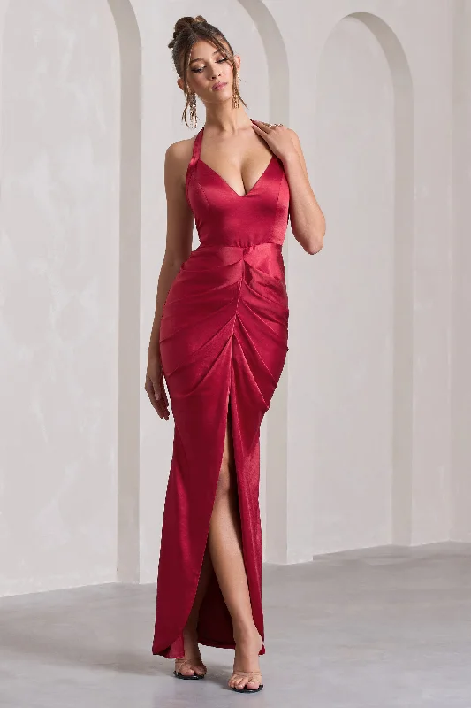 Vibrant Maxi Dresses -Rebecca | Red Satin Plunge Halter-Neck Open-Back Split Maxi Dress