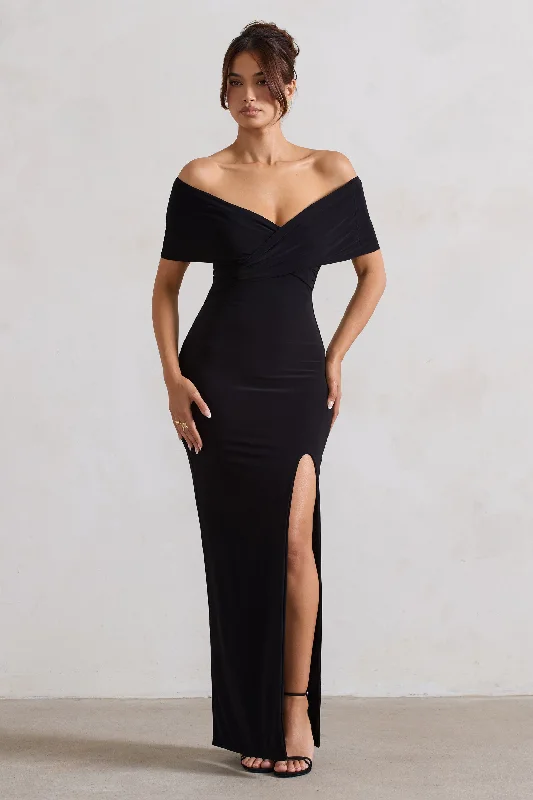 Side-Edge Maxi Dresses -Refined | Black Twist Front Bardot Maxi Dress