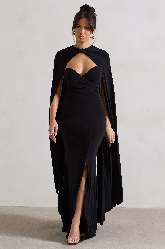 Maxi Dresses for Work Events -Reign | Black Corset Wrap Maxi Dress With Cape