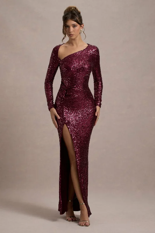 Plush-Cotton Maxi Dresses -Remarkable | Burgundy Sequin Long-Sleeved Twisted Maxi Dress