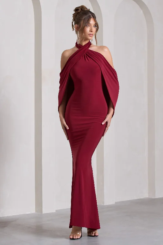 Maxi Dresses for Dance Parties -Revelation | Berry Red Crossed Halter-Neck Maxi Dress With Cape