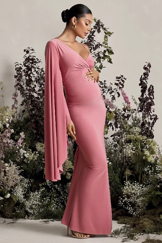 Gathered-Waist Maxi Dresses -Rhea | Blush Pink V-Neck Split Maternity Maxi Dress With Cape Sleeve