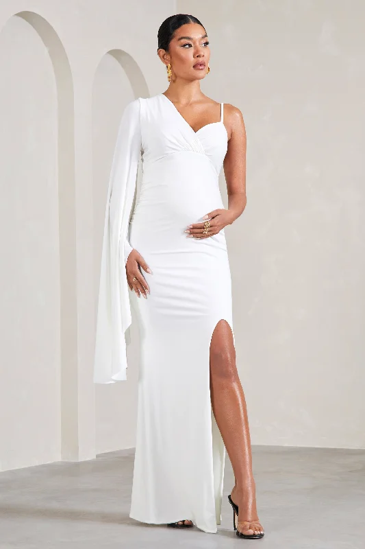 Shirred-Bodice Maxi Dresses -Rhea | White V-Neck Split Maternity Maxi Dress With Cape Sleeve