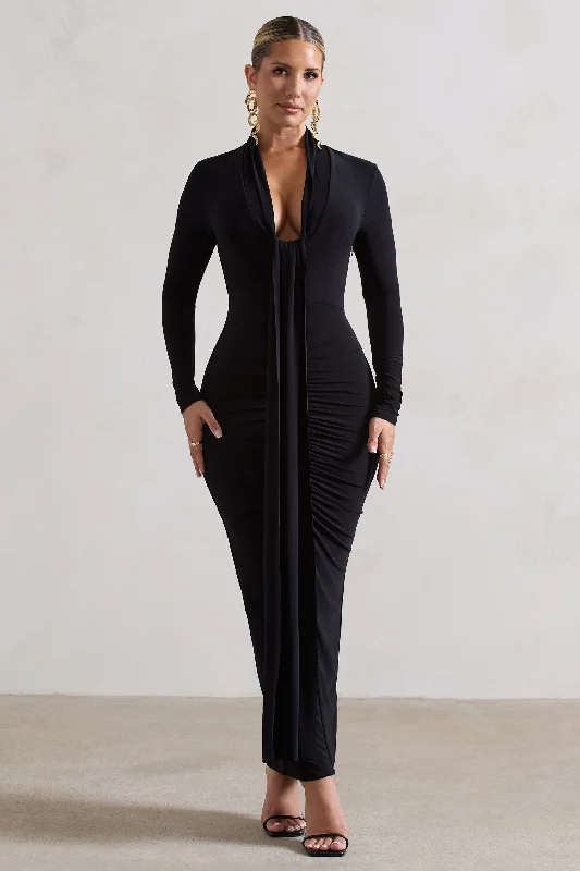 Maxi Dresses for Chill Parties -Risha | Black Plunge-Neck Long-Sleeve Drape Maxi Dress