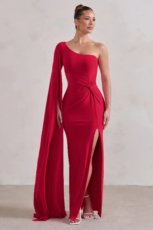 Belted Maxi Dresses -Romi | Red One Shoulder Twist Design Maxi Dress