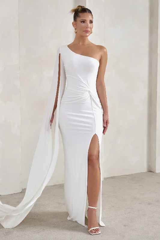 Bow-Edge Maxi Dresses -Romi | White One Shoulder Twist Design Maxi Dress