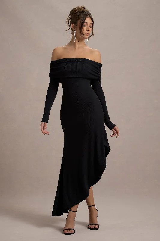 Twist-Back Maxi Dresses -Romina | Black Rib Knit Bardot Maxi Dress With Asymmetric Hem